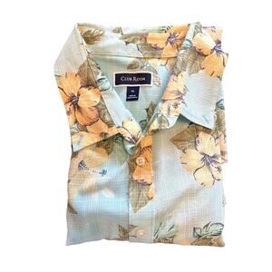 Club Room Mens XL Blue Tropical Hibiscus Floral Short Sleeve‎ Button Down Shirt